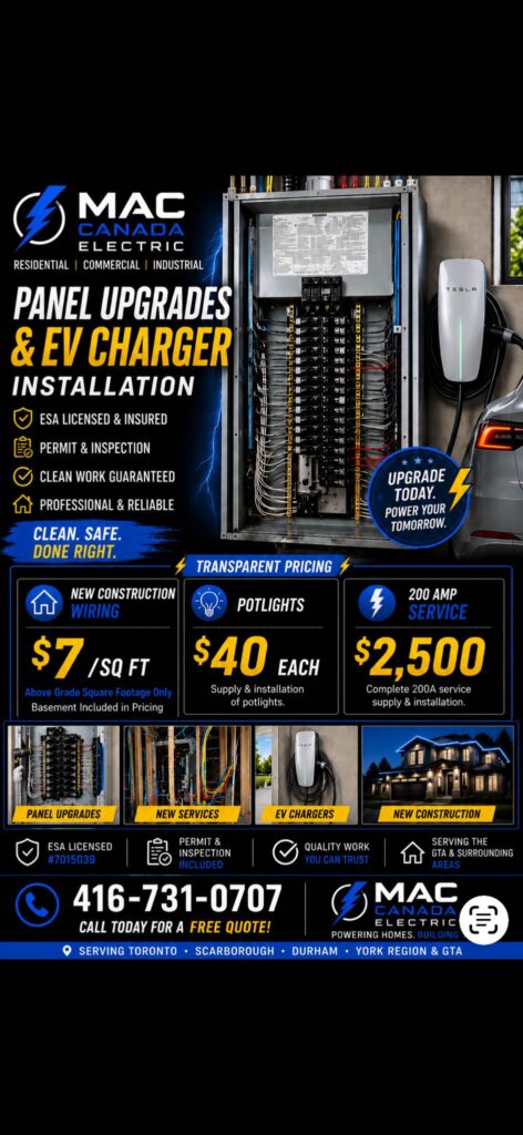 Advertisement for MAC Canada Electric: panel upgrades and EV charger installation with a visible electrical panel and Tesla charger nearby.